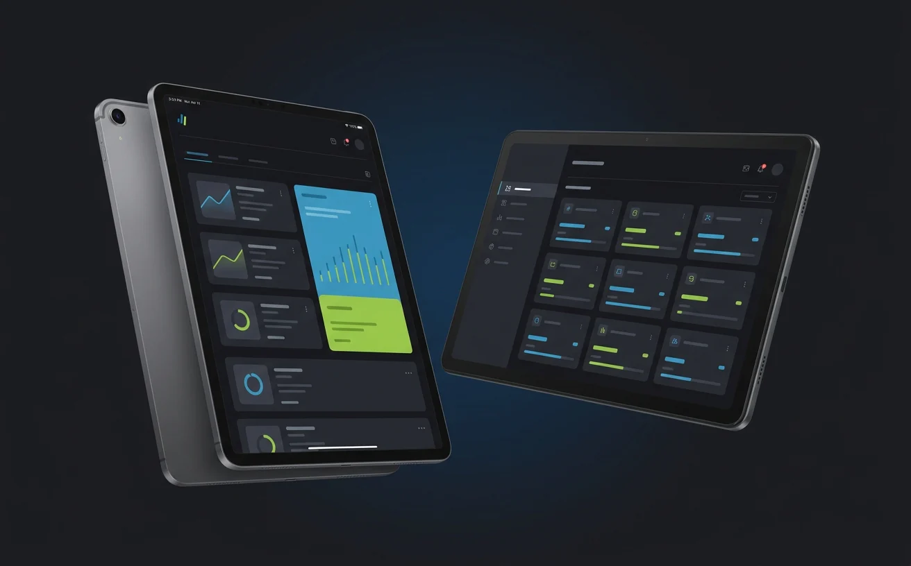 An iPad and an Android tablet side-by-side, each displaying a different abstract dashboard interface.