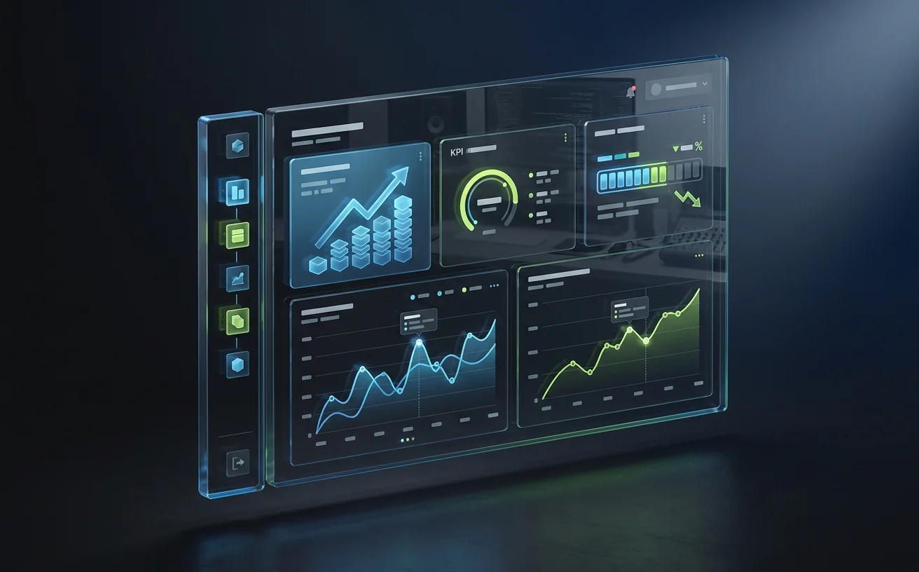 An isometric SaaS dashboard mockup with sidebar nav, analytics charts, and KPI cards.