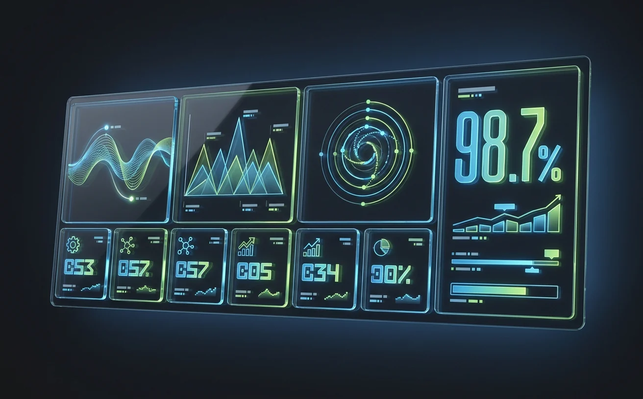 A wide horizontal analytics dashboard mockup in dark mode with abstract charts and KPI panels.